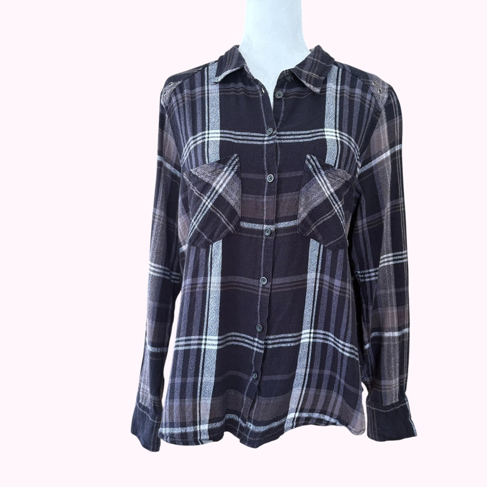 Free People Wesley Plaid Linen Blend Black Gray Sz M - Picture 2 of 9